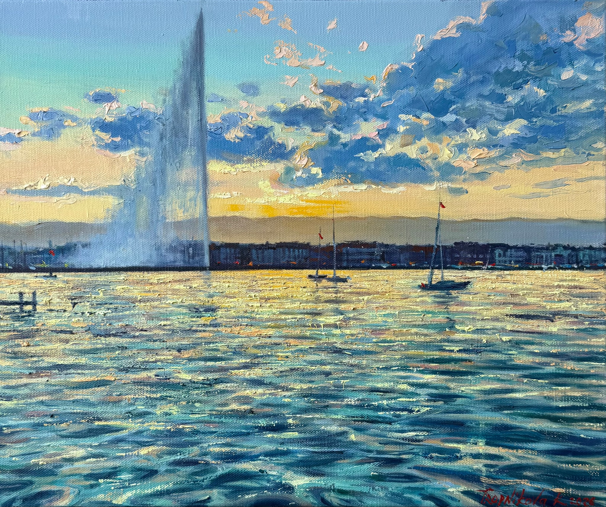 "Evening light on the water" - Original painting by Kateryna Tropnikova, 40x50